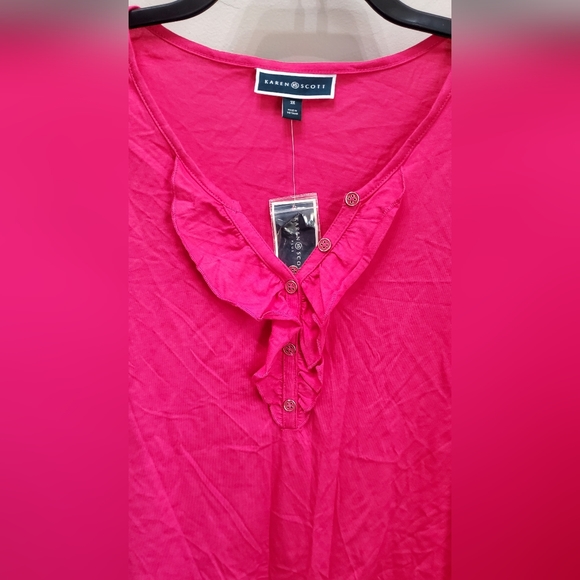 Karen Scott 3X Pink Ruffled Short Sleeve V-Neck Top - Picture 4 of 8